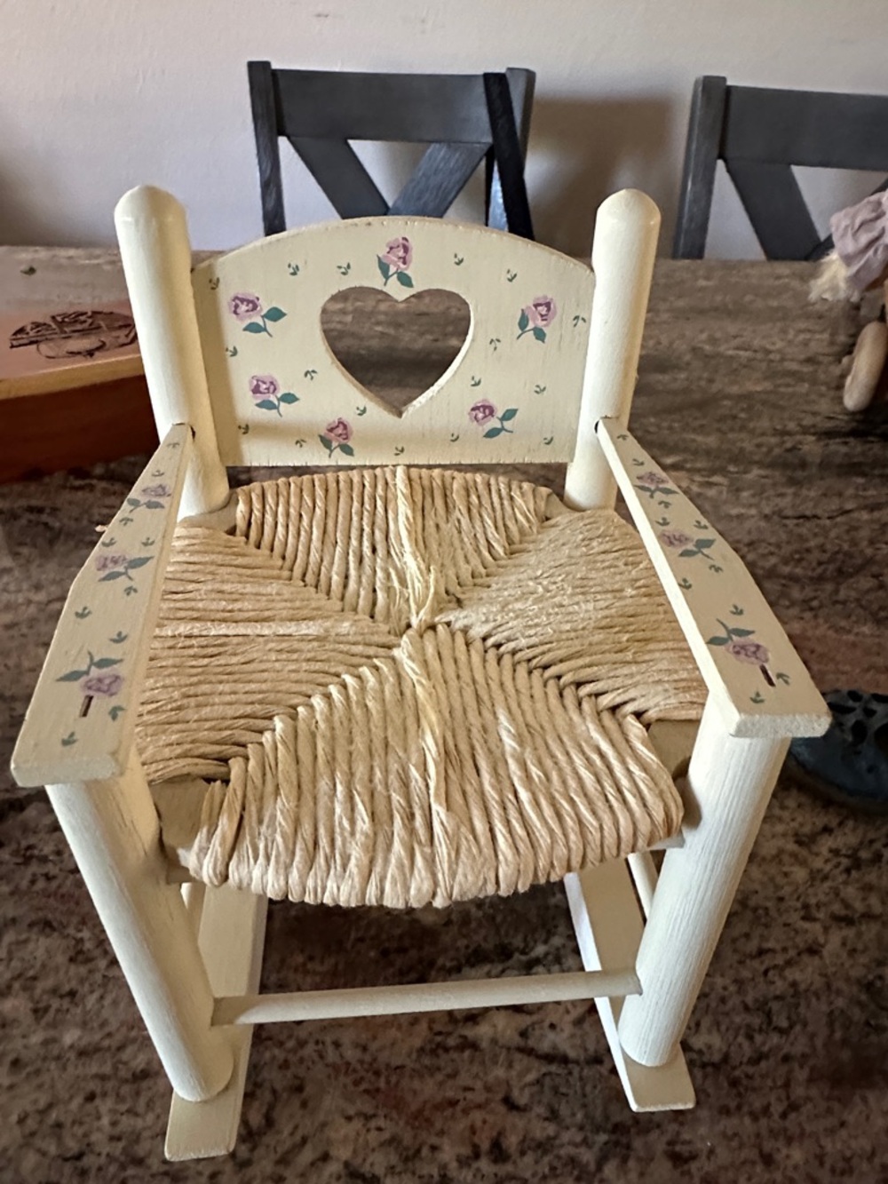 Vintage Hand-Painted Heart Back Mini Chair in Cream with Floral Accents